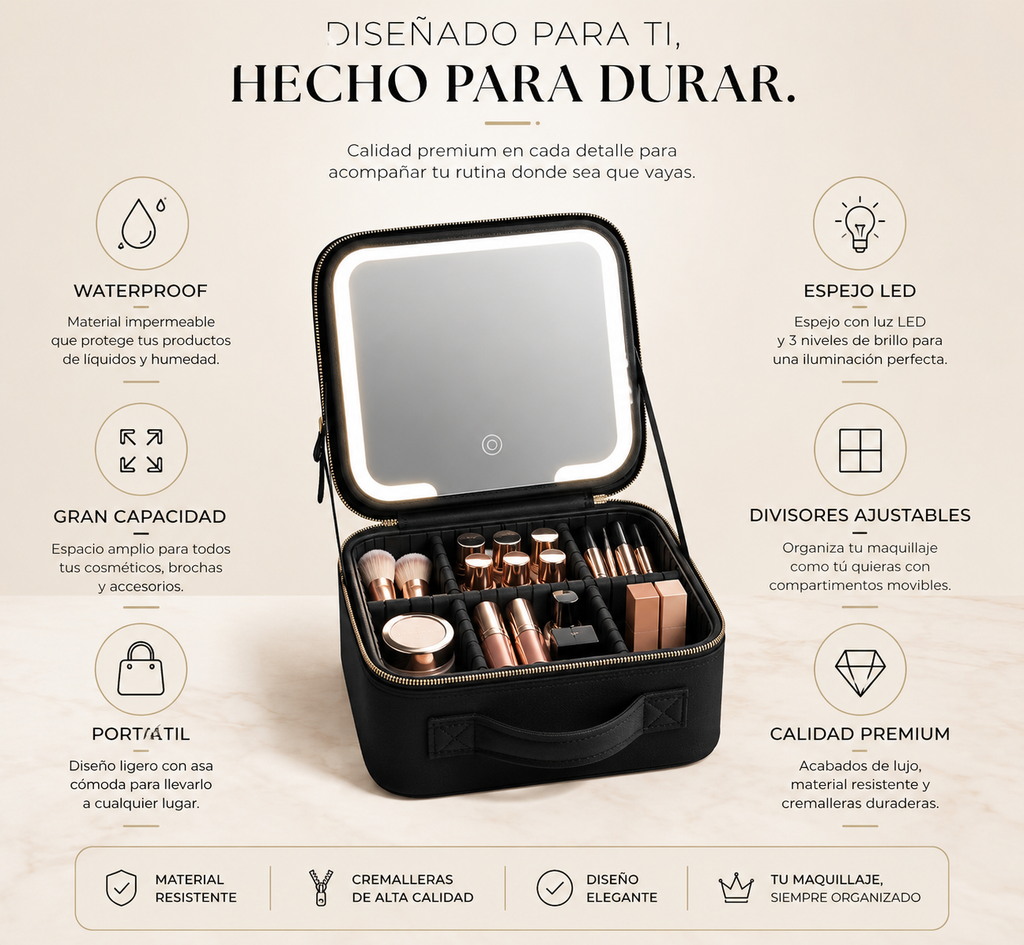 ⭐ Bolso Organizador de Maquillaje con Espejo LED