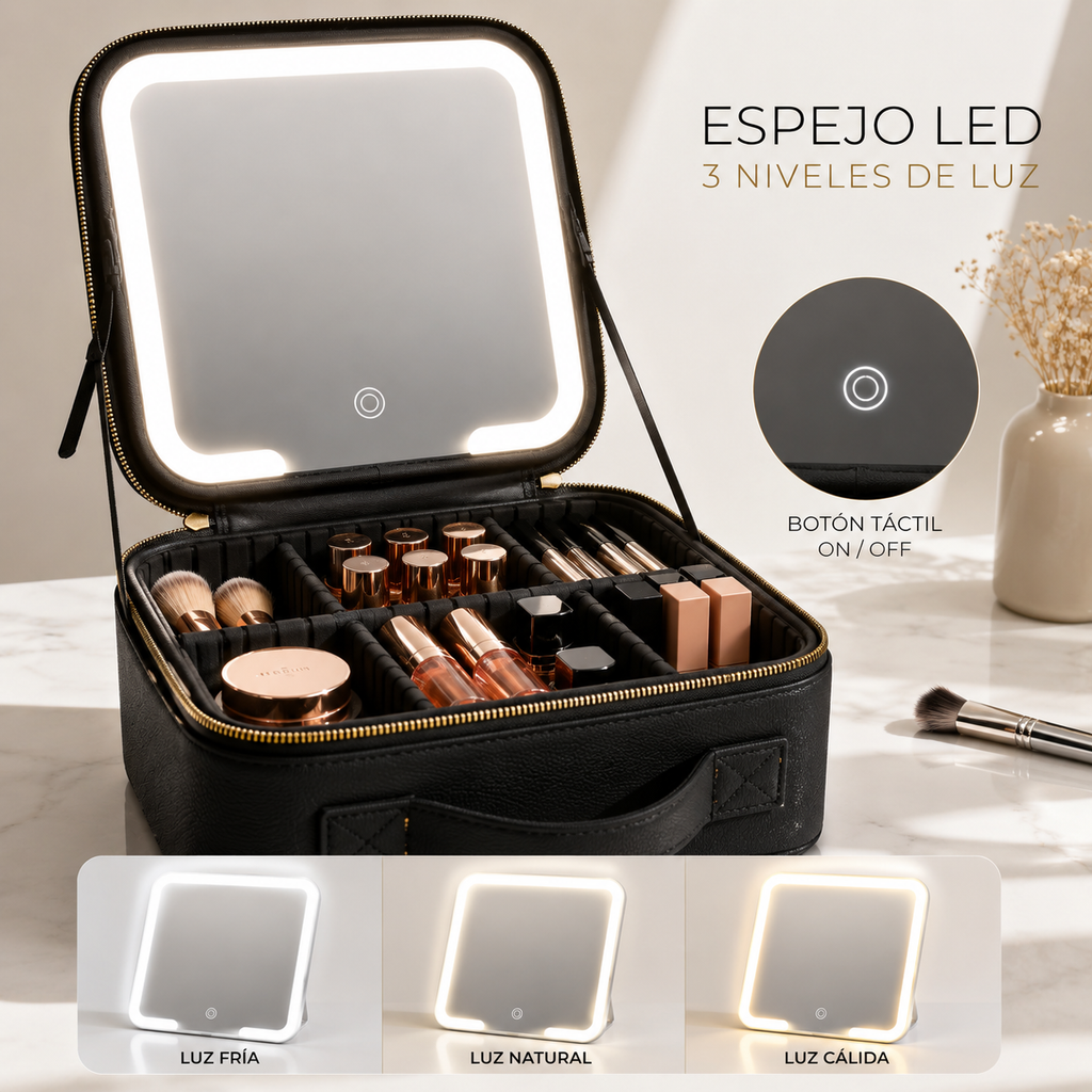 ⭐ Bolso Organizador de Maquillaje con Espejo LED