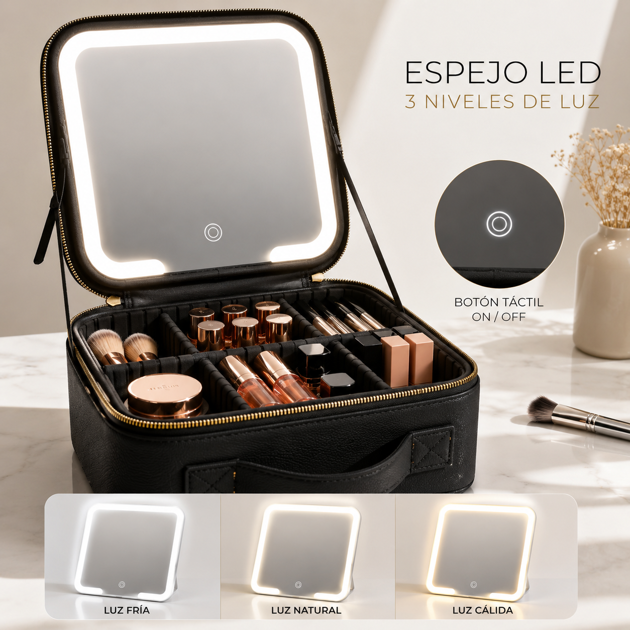 ⭐ Bolso Organizador de Maquillaje con Espejo LED